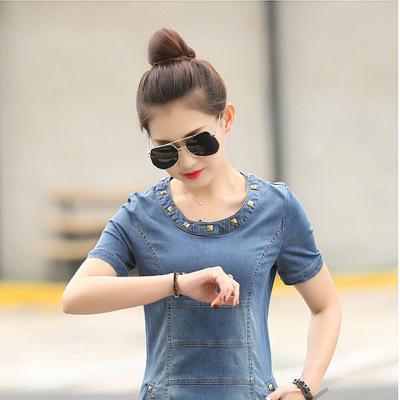 ĐẦM JEAN SUÔNG CỔ TRÒN ĐÍNH Ô VUÔNG KIM LOẠI - NJ949